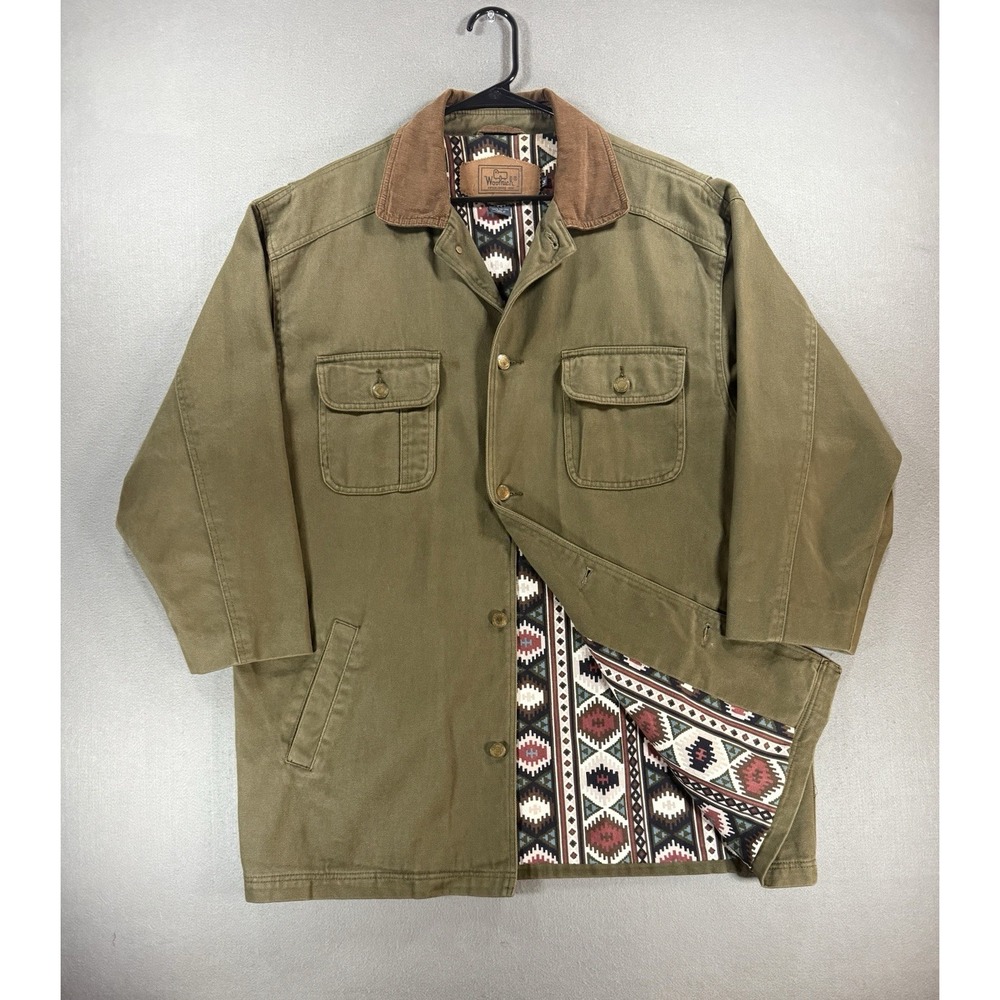 VTG Woolrich Olive Canvas Chore Jacket Mens Sz M Aztec Lined Corduroy Collar
